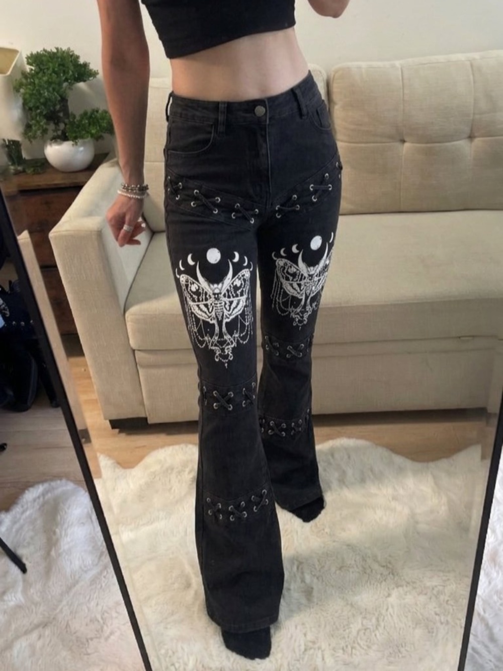Gothicana by EMP Grace Black Lace Up Flared Jeans Moth Moon Womens Size S No Tag